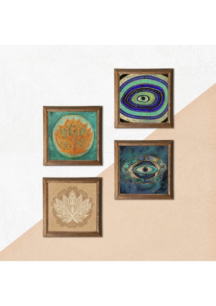 Stone Nazar, Lotus Çiçeği Ahşap Çerçeveli Taş Duvar Tablosu 4’lü Set – 25x25 cm Dekoratif Modern Sanat – Ev ve Ofis Dekoru |W4-670| indirimleri