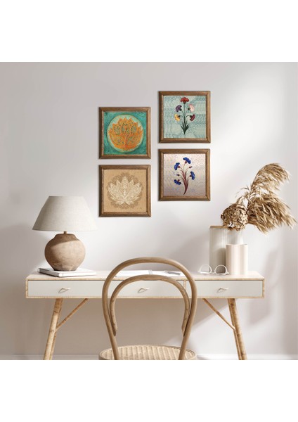 Ebru Sanatı, Lotus Çiçeği Taş Duvar Tablosu Ahşap Çerçeveli Duvar Dekoru 4 Parça Tablo Seti Wall Art W4-672