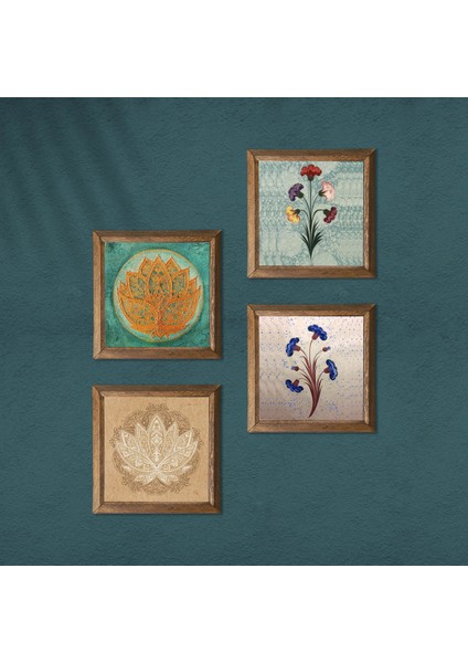 Ebru Sanatı, Lotus Çiçeği Taş Duvar Tablosu Ahşap Çerçeveli Duvar Dekoru 4 Parça Tablo Seti Wall Art W4-672