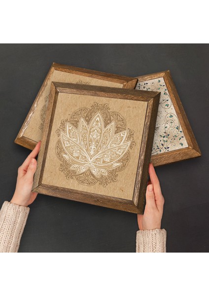 Ebru Sanatı, Lotus Çiçeği Taş Duvar Tablosu Ahşap Çerçeveli Duvar Dekoru 4 Parça Tablo Seti Wall Art W4-672