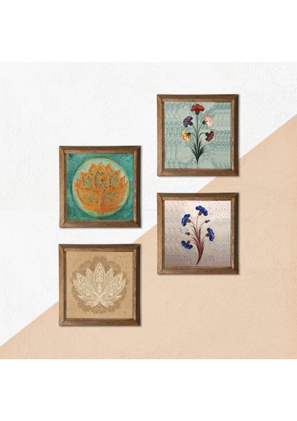 Ebru Sanatı, Lotus Çiçeği Taş Duvar Tablosu Ahşap Çerçeveli Duvar Dekoru 4 Parça Tablo Seti Wall Art W4-672