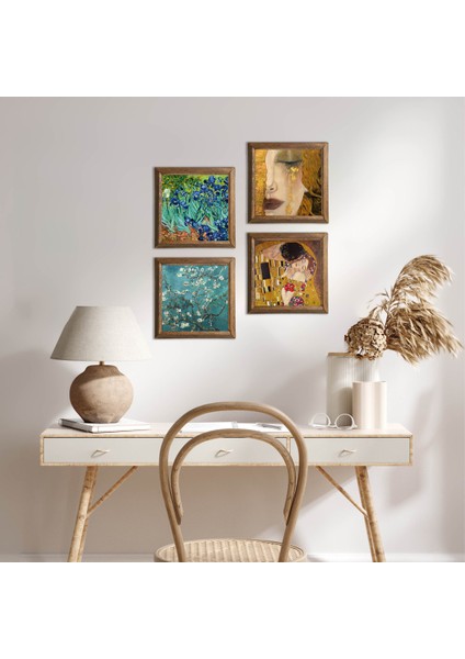 Van Gogh, Gustav Klimt Taş Duvar Tablosu Ahşap Çerçeveli Duvar Dekoru 4 Parça Tablo Seti Wall Art W4-677