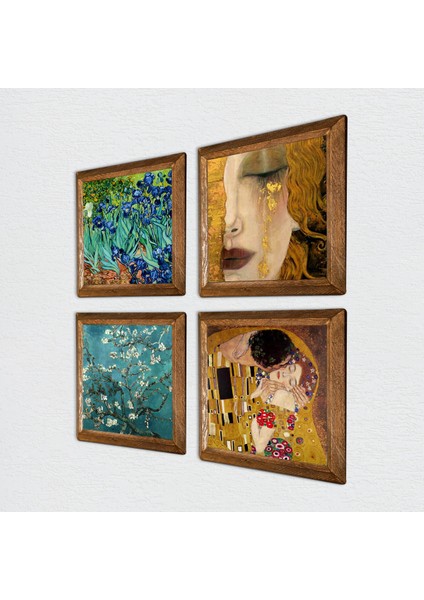 Van Gogh, Gustav Klimt Taş Duvar Tablosu Ahşap Çerçeveli Duvar Dekoru 4 Parça Tablo Seti Wall Art W4-677