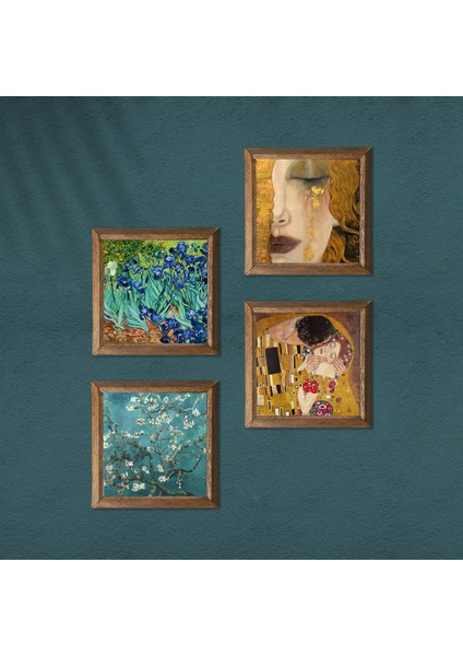 Van Gogh, Gustav Klimt Taş Duvar Tablosu Ahşap Çerçeveli Duvar Dekoru 4 Parça Tablo Seti Wall Art W4-677