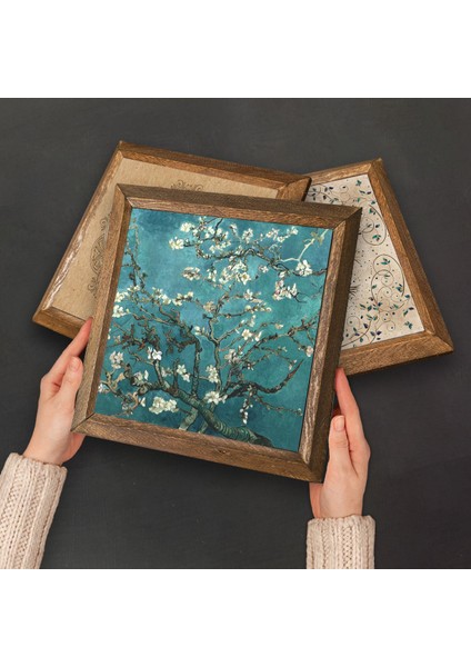 Van Gogh, Gustav Klimt Taş Duvar Tablosu Ahşap Çerçeveli Duvar Dekoru 4 Parça Tablo Seti Wall Art W4-677