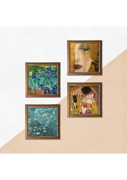 Van Gogh, Gustav Klimt Taş Duvar Tablosu Ahşap Çerçeveli Duvar Dekoru 4 Parça Tablo Seti Wall Art W4-677