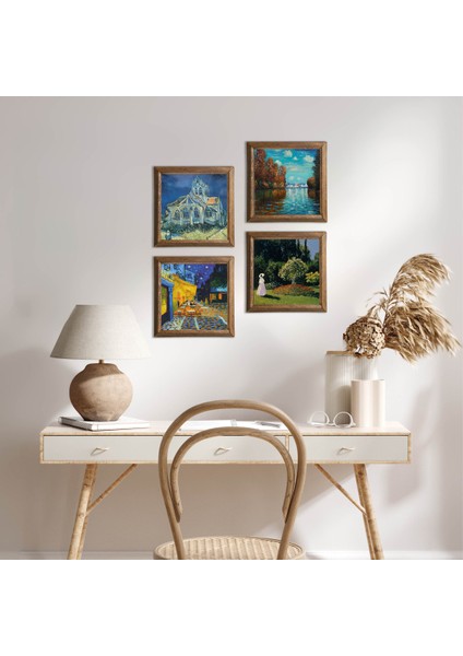 Van Gogh, Claude Monet Taş Duvar Tablosu Ahşap Çerçeveli Duvar Dekoru 4 Parça Tablo Seti Wall Art W4-683