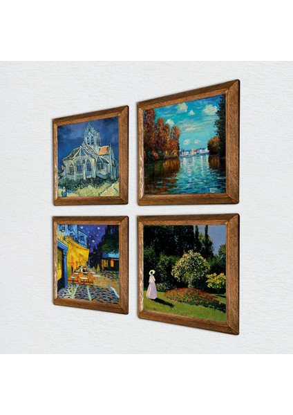 Van Gogh, Claude Monet Taş Duvar Tablosu Ahşap Çerçeveli Duvar Dekoru 4 Parça Tablo Seti Wall Art W4-683