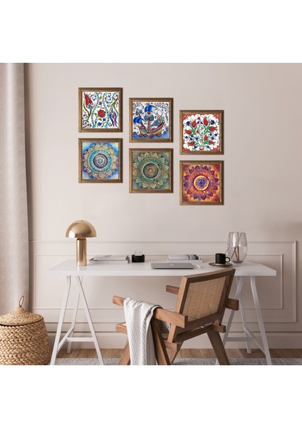 Mandala, Çini Sanatı Yelkenli Gemi, Lale Taş Duvar Tablosu Ahşap Çerçeveli Duvar Dekoru 6 Parça Tablo Seti Wall Art W6-64
