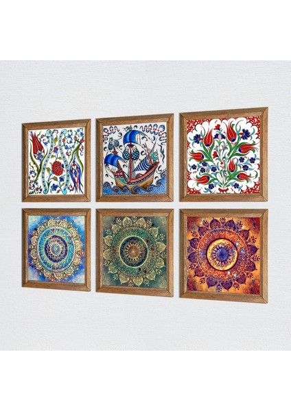 Mandala, Çini Sanatı Yelkenli Gemi, Lale Taş Duvar Tablosu Ahşap Çerçeveli Duvar Dekoru 6 Parça Tablo Seti Wall Art W6-64