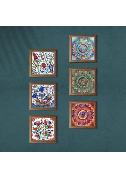 Mandala, Çini Sanatı Yelkenli Gemi, Lale Taş Duvar Tablosu Ahşap Çerçeveli Duvar Dekoru 6 Parça Tablo Seti Wall Art W6-64