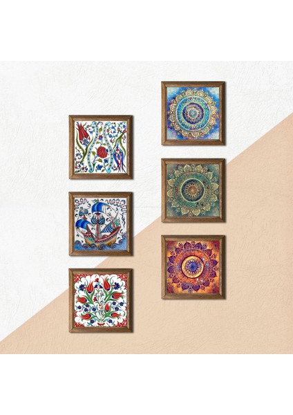 Mandala, Çini Sanatı Yelkenli Gemi, Lale Taş Duvar Tablosu Ahşap Çerçeveli Duvar Dekoru 6 Parça Tablo Seti Wall Art W6-64