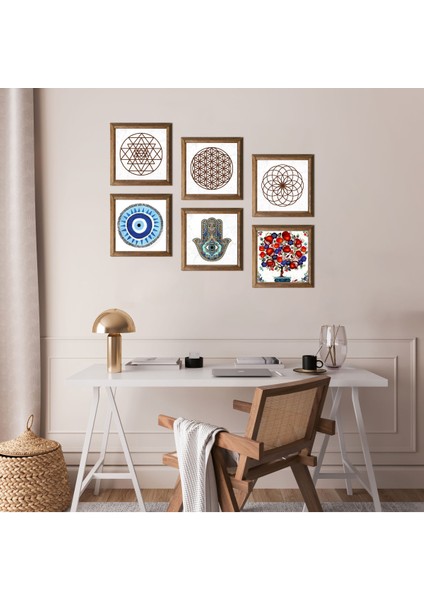 Nazar, Yaşam Çiçeği, Sri Yantra, Nar Ağacı, Fatma Ana Eli (Hamsa) Taş Duvar Tablosu Ahşap Çerçeveli Duvar Dekoru 6 Parça Tablo Seti Wall Art W6-71