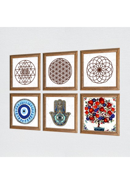 Nazar, Yaşam Çiçeği, Sri Yantra, Nar Ağacı, Fatma Ana Eli (Hamsa) Taş Duvar Tablosu Ahşap Çerçeveli Duvar Dekoru 6 Parça Tablo Seti Wall Art W6-71