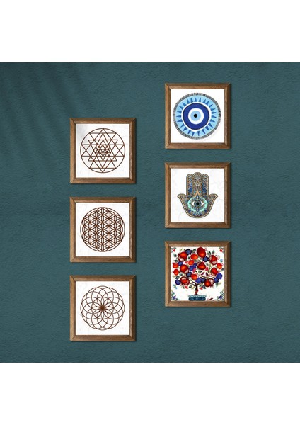 Nazar, Yaşam Çiçeği, Sri Yantra, Nar Ağacı, Fatma Ana Eli (Hamsa) Taş Duvar Tablosu Ahşap Çerçeveli Duvar Dekoru 6 Parça Tablo Seti Wall Art W6-71