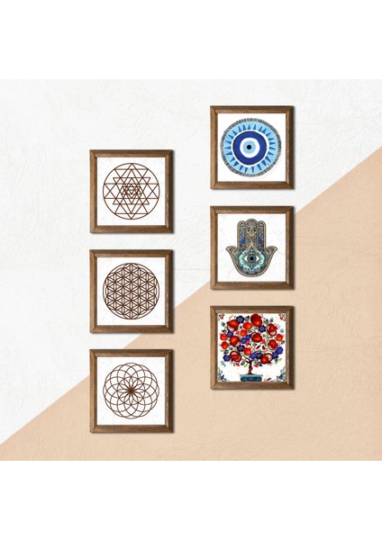 Nazar, Yaşam Çiçeği, Sri Yantra, Nar Ağacı, Fatma Ana Eli (Hamsa) Taş Duvar Tablosu Ahşap Çerçeveli Duvar Dekoru 6 Parça Tablo Seti Wall Art W6-71