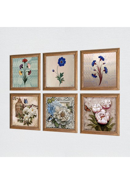 Ebru Sanatı, Kelebekli Çiçek Taş Duvar Tablosu Ahşap Çerçeveli Duvar Dekoru 6 Parça Tablo Seti Wall Art W6-72
