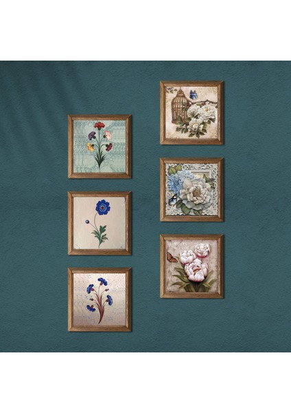 Ebru Sanatı, Kelebekli Çiçek Taş Duvar Tablosu Ahşap Çerçeveli Duvar Dekoru 6 Parça Tablo Seti Wall Art W6-72