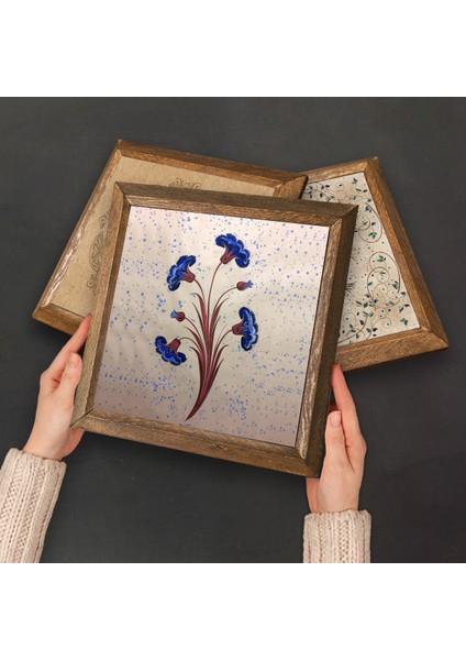 Ebru Sanatı, Kelebekli Çiçek Taş Duvar Tablosu Ahşap Çerçeveli Duvar Dekoru 6 Parça Tablo Seti Wall Art W6-72
