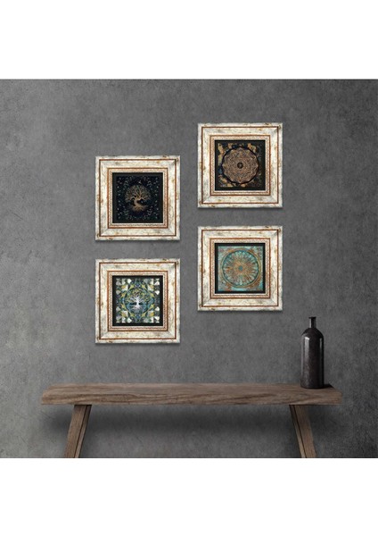 Sri Yantra, Yaşam Çiçeği, Hayat Ağacı Taş Duvar Tablosu Çerçeveli Duvar Dekoru 4 Parça Tablo Seti Wall Art T4-727