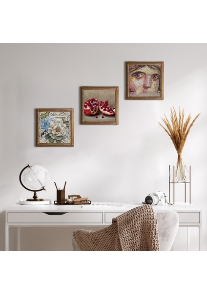 Çingene Kızı Mozaiği, Kelebekli Çiçek, Nar Taş Duvar Tablosu Ahşap Çerçeveli Duvar Dekoru 3 Parça Tablo Seti Wall Art W3-1140