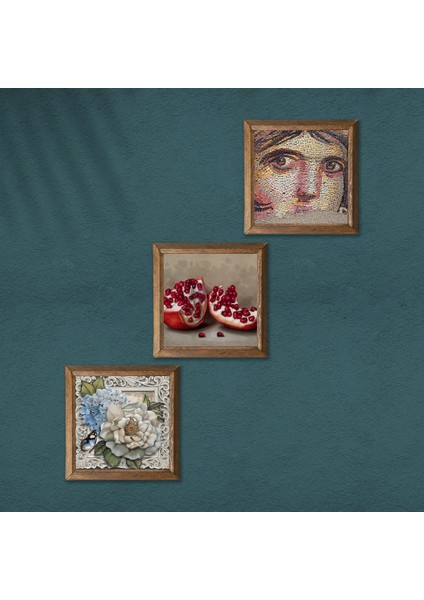 Çingene Kızı Mozaiği, Kelebekli Çiçek, Nar Taş Duvar Tablosu Ahşap Çerçeveli Duvar Dekoru 3 Parça Tablo Seti Wall Art W3-1140 modelleri