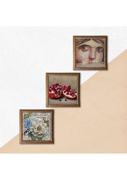 Çingene Kızı Mozaiği, Kelebekli Çiçek, Nar Taş Duvar Tablosu Ahşap Çerçeveli Duvar Dekoru 3 Parça Tablo Seti Wall Art W3-1140 indirimleri