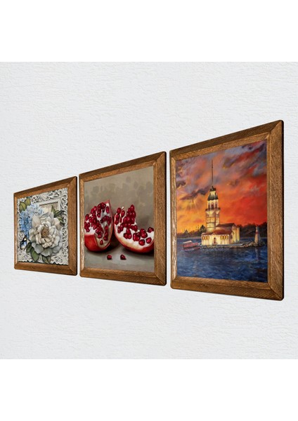 İstanbul Kız Kulesi, Kelebekli Çiçek, Nar Taş Duvar Tablosu Ahşap Çerçeveli Duvar Dekoru 3 Parça Tablo Seti Wall Art W3-1143