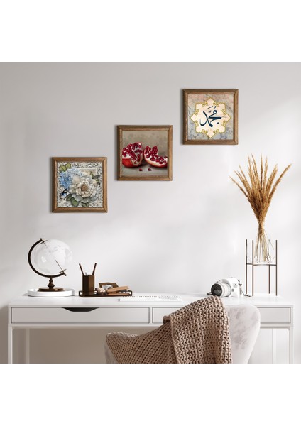Hz. Muhammed Lafzı, Kelebekli Çiçek, Nar Taş Duvar Tablosu Ahşap Çerçeveli Duvar Dekoru 3 Parça Tablo Seti Wall Art W3-1154