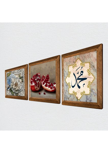 Hz. Muhammed Lafzı, Kelebekli Çiçek, Nar Taş Duvar Tablosu Ahşap Çerçeveli Duvar Dekoru 3 Parça Tablo Seti Wall Art W3-1154 fiyatları