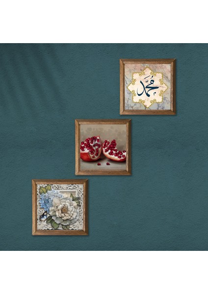 Hz. Muhammed Lafzı, Kelebekli Çiçek, Nar Taş Duvar Tablosu Ahşap Çerçeveli Duvar Dekoru 3 Parça Tablo Seti Wall Art W3-1154 modelleri