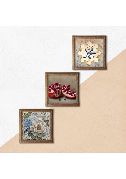 Hz. Muhammed Lafzı, Kelebekli Çiçek, Nar Taş Duvar Tablosu Ahşap Çerçeveli Duvar Dekoru 3 Parça Tablo Seti Wall Art W3-1154 indirimleri
