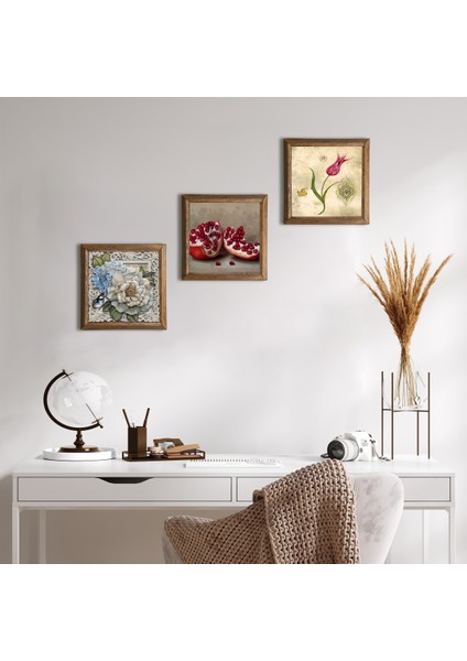 Lale Ebru Sanatı, Kelebekli Çiçek, Nar Taş Duvar Tablosu Ahşap Çerçeveli Duvar Dekoru 3 Parça Tablo Seti Wall Art W3-1157