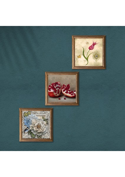 Lale Ebru Sanatı, Kelebekli Çiçek, Nar Taş Duvar Tablosu Ahşap Çerçeveli Duvar Dekoru 3 Parça Tablo Seti Wall Art W3-1157