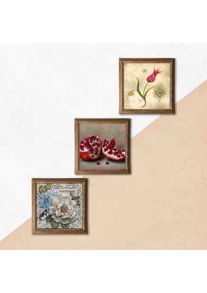 Lale Ebru Sanatı, Kelebekli Çiçek, Nar Taş Duvar Tablosu Ahşap Çerçeveli Duvar Dekoru 3 Parça Tablo Seti Wall Art W3-1157