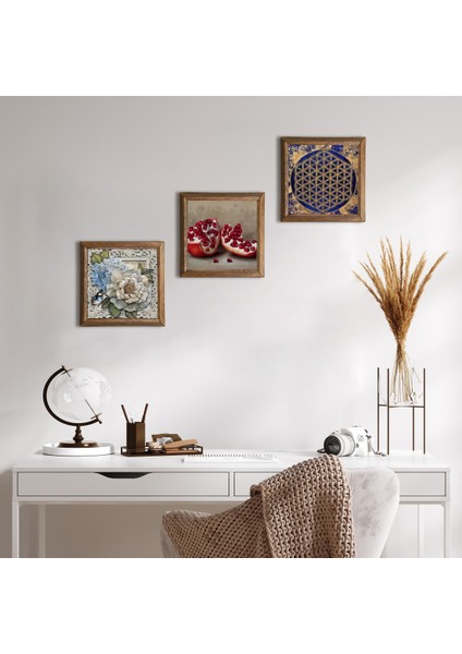 Yaşam Çiçeği, Kelebekli Çiçek, Nar Ahşap Çerçeveli Taş Duvar Tablosu 3’lü Set – 25x25 cm Dekoratif Modern Sanat – Ev ve Ofis Dekoru |W3-1160|
