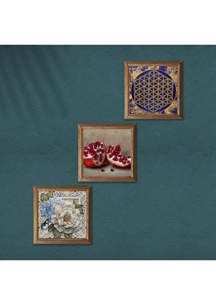 Yaşam Çiçeği, Kelebekli Çiçek, Nar Ahşap Çerçeveli Taş Duvar Tablosu 3’lü Set – 25x25 cm Dekoratif Modern Sanat – Ev ve Ofis Dekoru |W3-1160| modelleri