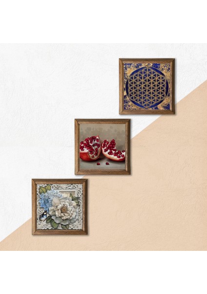 Yaşam Çiçeği, Kelebekli Çiçek, Nar Ahşap Çerçeveli Taş Duvar Tablosu 3’lü Set – 25x25 cm Dekoratif Modern Sanat – Ev ve Ofis Dekoru |W3-1160| indirimleri