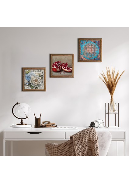 Stone Yaşam Çiçeği, Kelebekli Çiçek, Nar Ahşap Çerçeveli Taş Duvar Tablosu 3’lü Set – 25x25 cm Dekoratif Modern Sanat – Ev ve Ofis Dekoru |W3-1172|