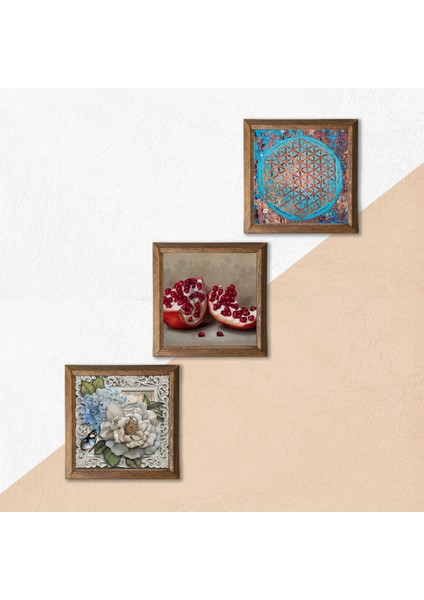 Stone Yaşam Çiçeği, Kelebekli Çiçek, Nar Ahşap Çerçeveli Taş Duvar Tablosu 3’lü Set – 25x25 cm Dekoratif Modern Sanat – Ev ve Ofis Dekoru |W3-1172| indirimleri