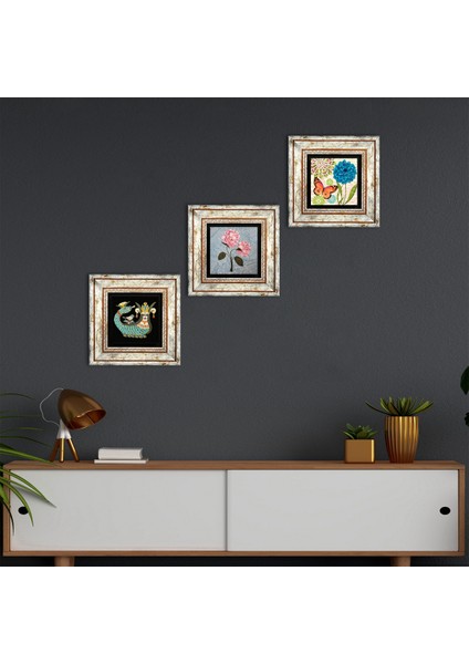 Kelebek, Pembe Ortanca Çiçeği, Şahmeran Çerçeveli Taş Duvar Tablosu 3’lü Set - Dekoratif Modern Sanat, Ev ve Ofis Dekoru |TK3-1810|
