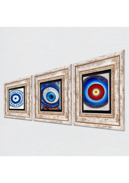 Nazar Taş Duvar Tablosu Çerçeveli Duvar Dekoru 3 Parça Tablo Seti Wall Art T3-1828