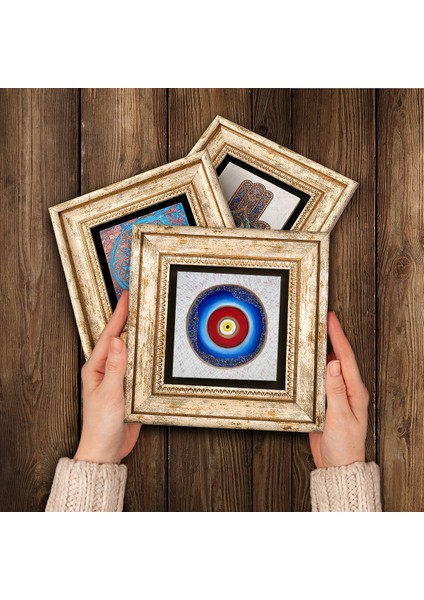 Nazar Taş Duvar Tablosu Çerçeveli Duvar Dekoru 3 Parça Tablo Seti Wall Art T3-1828
