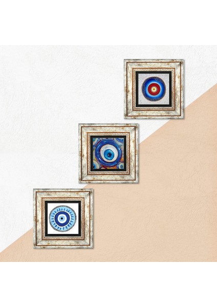 Nazar Taş Duvar Tablosu Çerçeveli Duvar Dekoru 3 Parça Tablo Seti Wall Art T3-1828