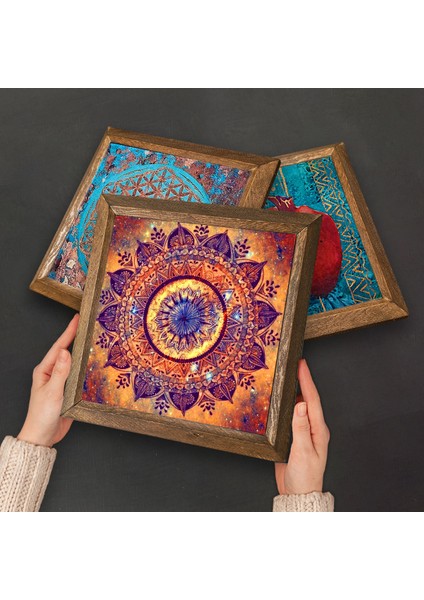 Mandala, Yaşam Çiçeği, Sri Yantra Ahşap Çerçeveli Taş Duvar Tablosu 3’lü Set – 25x25 cm Dekoratif Modern Sanat – Ev ve Ofis Dekoru |W3-394| fırsatları