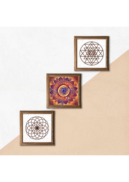 Mandala, Yaşam Çiçeği, Sri Yantra Ahşap Çerçeveli Taş Duvar Tablosu 3’lü Set – 25x25 cm Dekoratif Modern Sanat – Ev ve Ofis Dekoru |W3-394| indirimleri