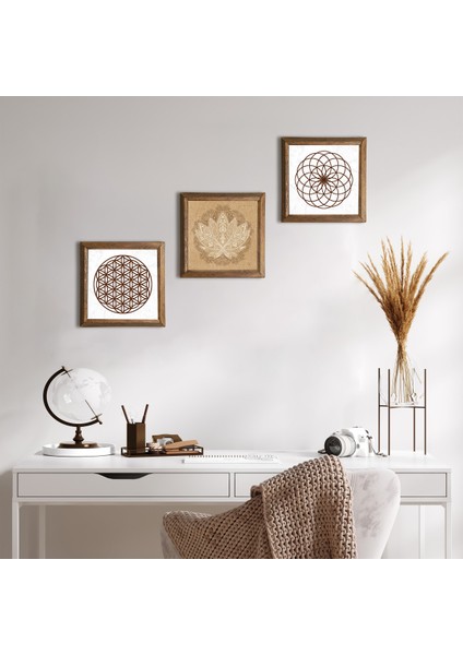 Lotus Çiçeği, Yaşam Çiçeği Taş Duvar Tablosu Ahşap Çerçeveli Duvar Dekoru 3 Parça Tablo Seti Wall Art W3-40
