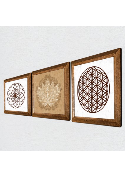 Lotus Çiçeği, Yaşam Çiçeği Taş Duvar Tablosu Ahşap Çerçeveli Duvar Dekoru 3 Parça Tablo Seti Wall Art W3-40
