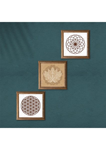 Lotus Çiçeği, Yaşam Çiçeği Taş Duvar Tablosu Ahşap Çerçeveli Duvar Dekoru 3 Parça Tablo Seti Wall Art W3-40