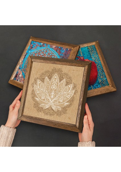 Lotus Çiçeği, Yaşam Çiçeği Taş Duvar Tablosu Ahşap Çerçeveli Duvar Dekoru 3 Parça Tablo Seti Wall Art W3-40